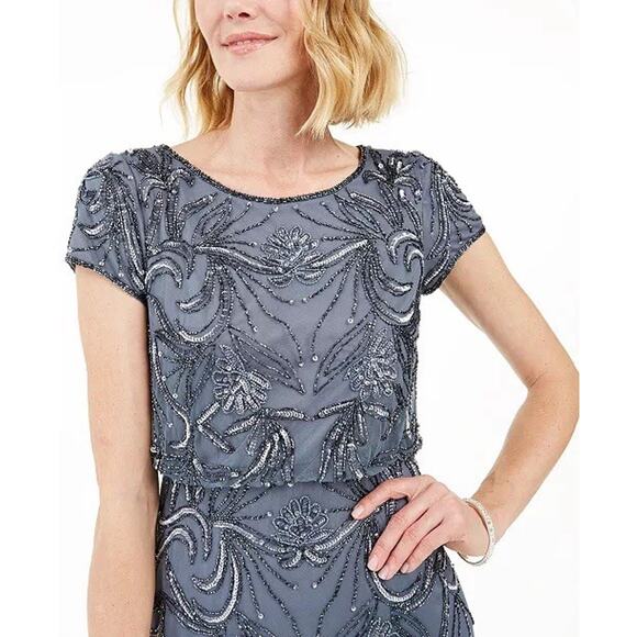 NEW Adrianna Papell Beaded Gown Dusty Blue Womens Size 4 Sequin Formal Wedding - Picture 2 of 13